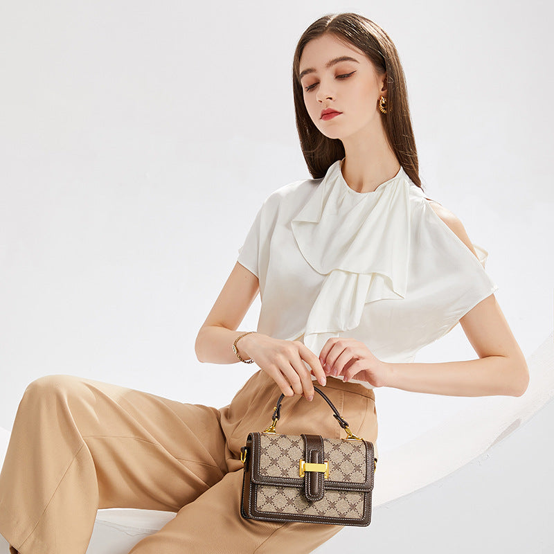 Genuine Leather Small Square Bag for Women, New Fashionable Printed Shoulder Crossbody Purse, Versatile Top Handle Handbag for Ladies