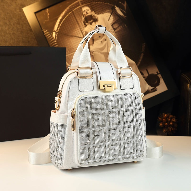New Arrival Sparkly Rhinestone-Embellished Croc-Effect Backpack for Women, A Multi-Functional Genuine Leather Daypack with Fashionable Design, Perfect for Moms