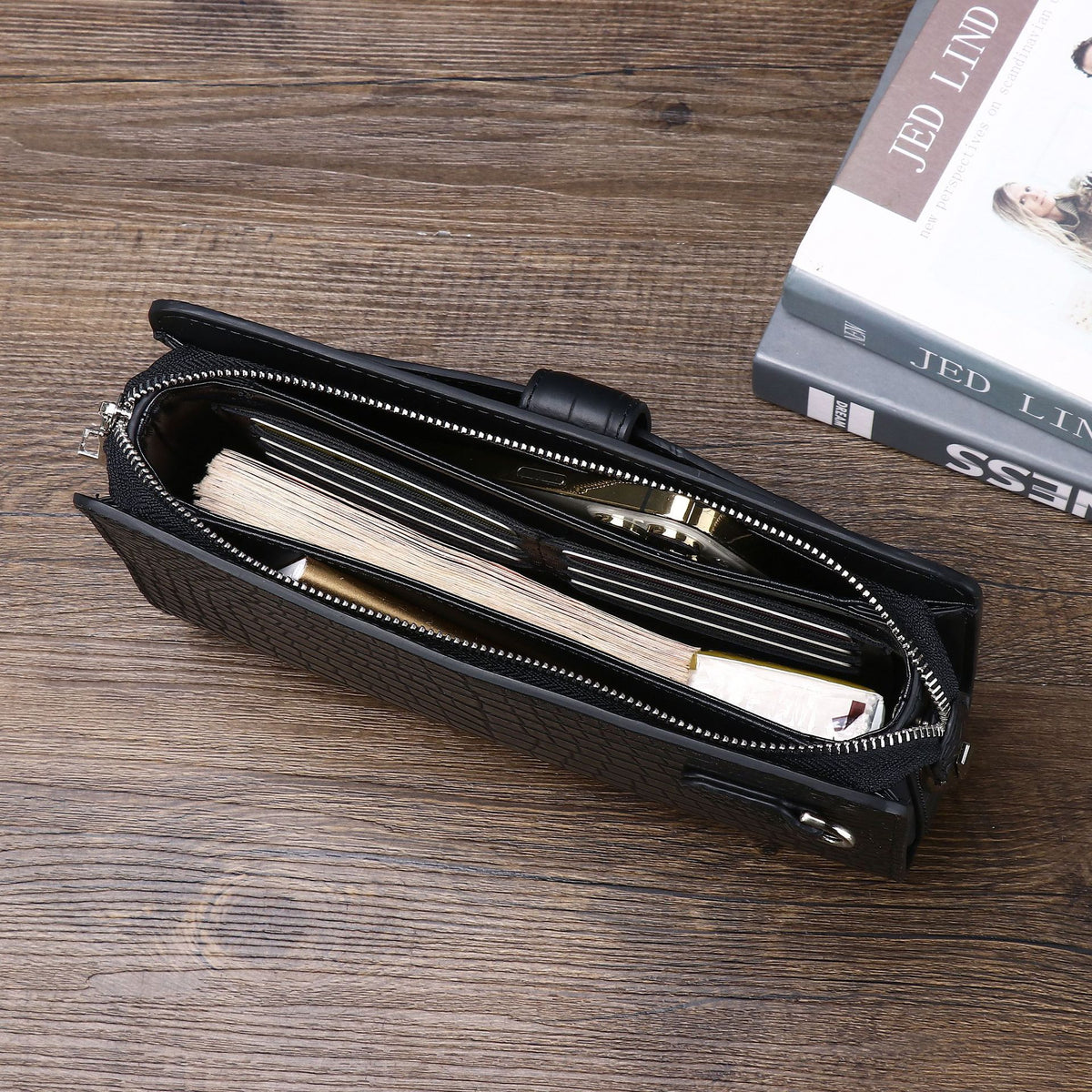 New Arrival Matte Black Croc-Effect Large Clutch for Men, A Business Document Organizer with Combination Lock & Multiple Card Slots, Multi-Functional Wallet