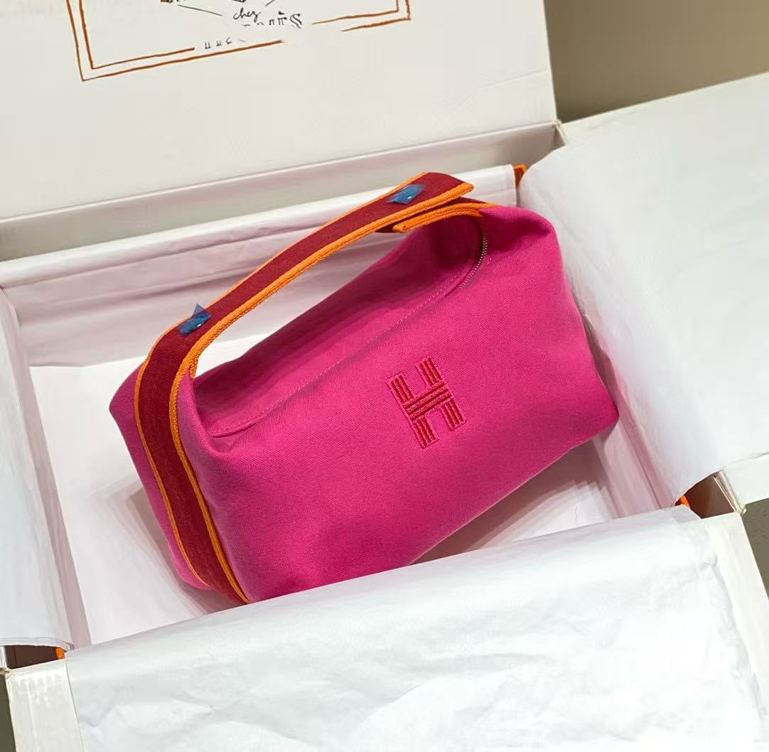 Waterproof Canvas Toiletry Bag for Women, Hermès-Inspired Travel Makeup Pouch 21/25cm, Semi-Handmade Embroidered Box Bag with Sturdy Steel Hardware, Portable Cosmetic Organizer for Daily Use
