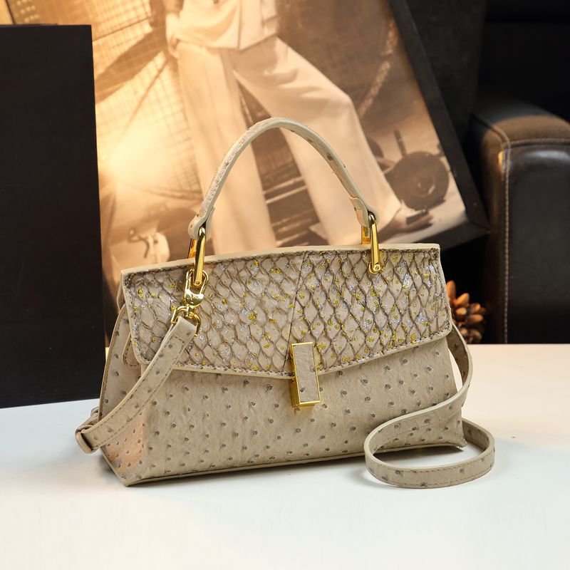 Genuine Fish Skin Kelly-Style Bag for Women, New Premium Textured Top Handle Shoulder Crossbody Purse, Trendy Ostrich-Embossed Small Handbag for Ladies