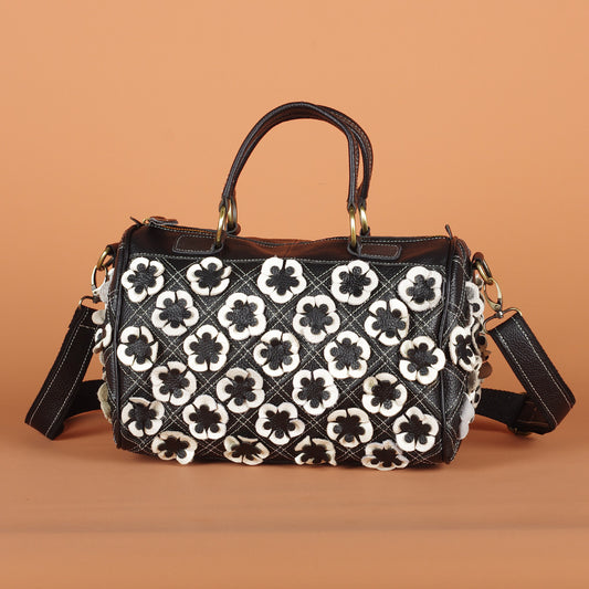 New Handmade Floral Patchwork Black and White Color Block Bag, Casual Shoulder Crossbody Pillow Top Handle Purse, Unique Handbag for Women