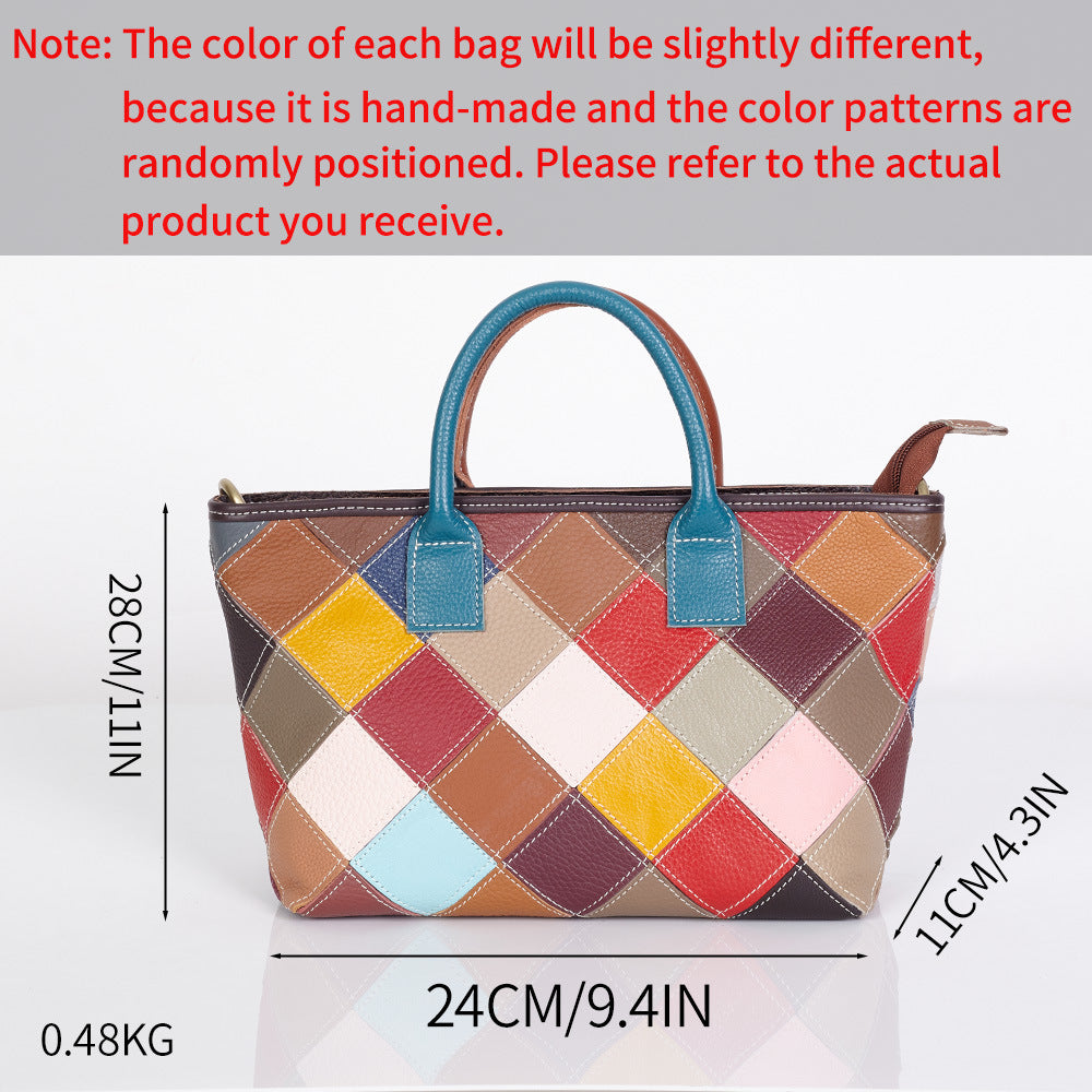 Premium Genuine Leather Colorful Plaid Patchwork Bag for Women | New Quilted Color-Block Top-Handle Shoulder Cross-Body Handbag with Unique Artistic Design | Versatile 3-in-1 Carry Purse for Work, Errands, Travel & Everyday Chic | Trendy Statement Ac