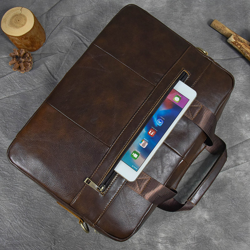 Fashionable Top Layer Cowhide Business Briefcase, Laptop Shoulder Crossbody Commute Bag, Premium Genuine Leather Work Bag for Men