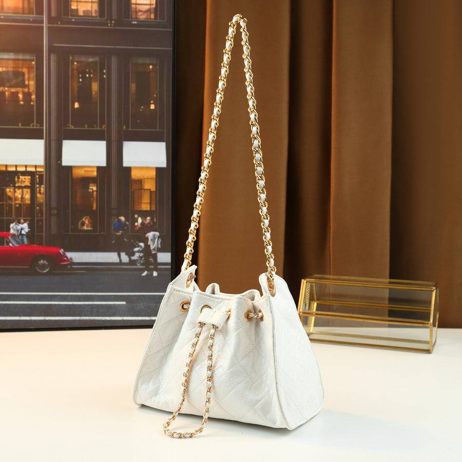 Quilted Drawstring Bucket Bag for Women Creamy Chain Shoulder Crossbody Handbag, Soft Versatile Purse with Sweet Spring Style
