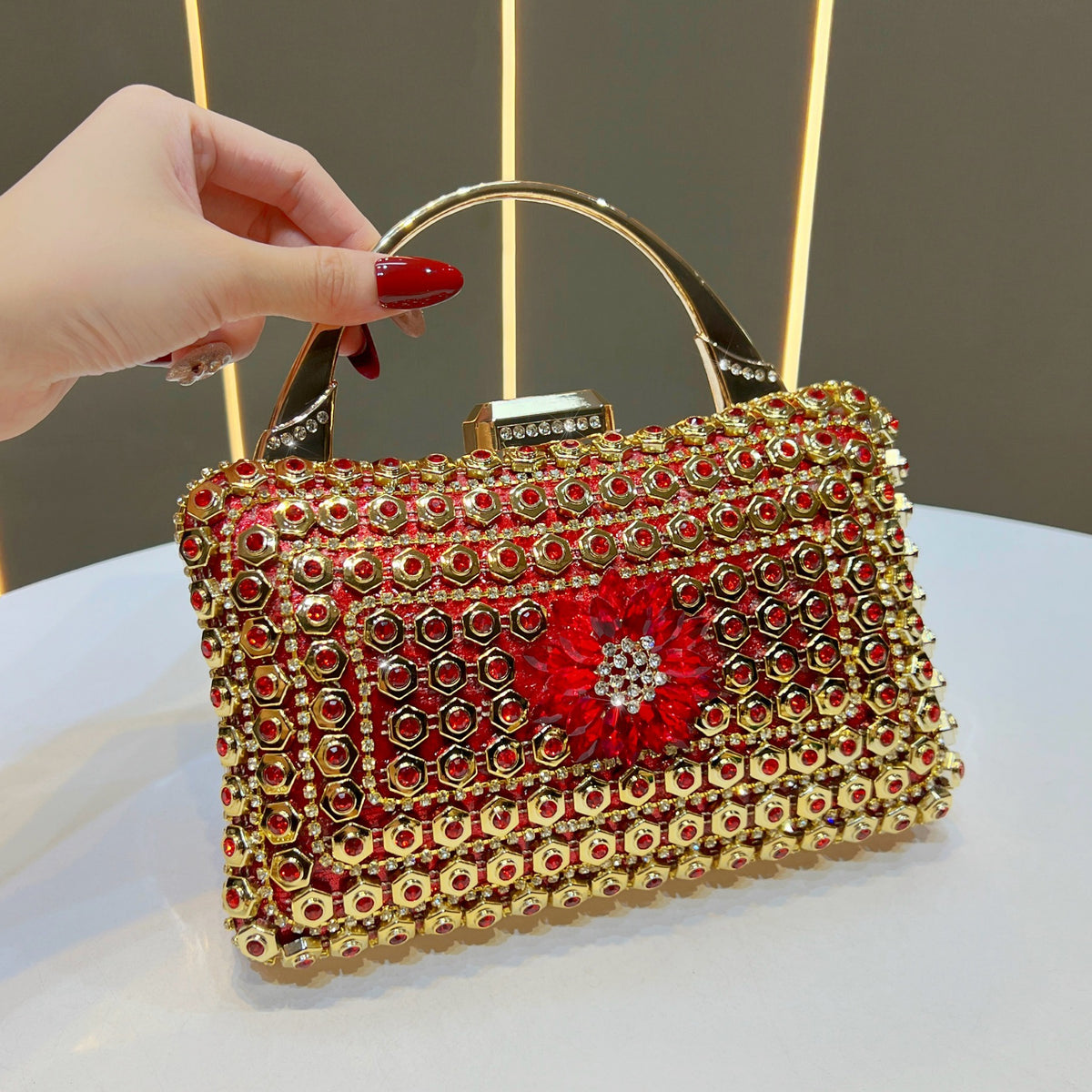 Women's Rhinestone-Embellished Evening Clutch, Premium Glamorous Top-Handle Handbag with Chain Strap, Perfect Banquet Purse