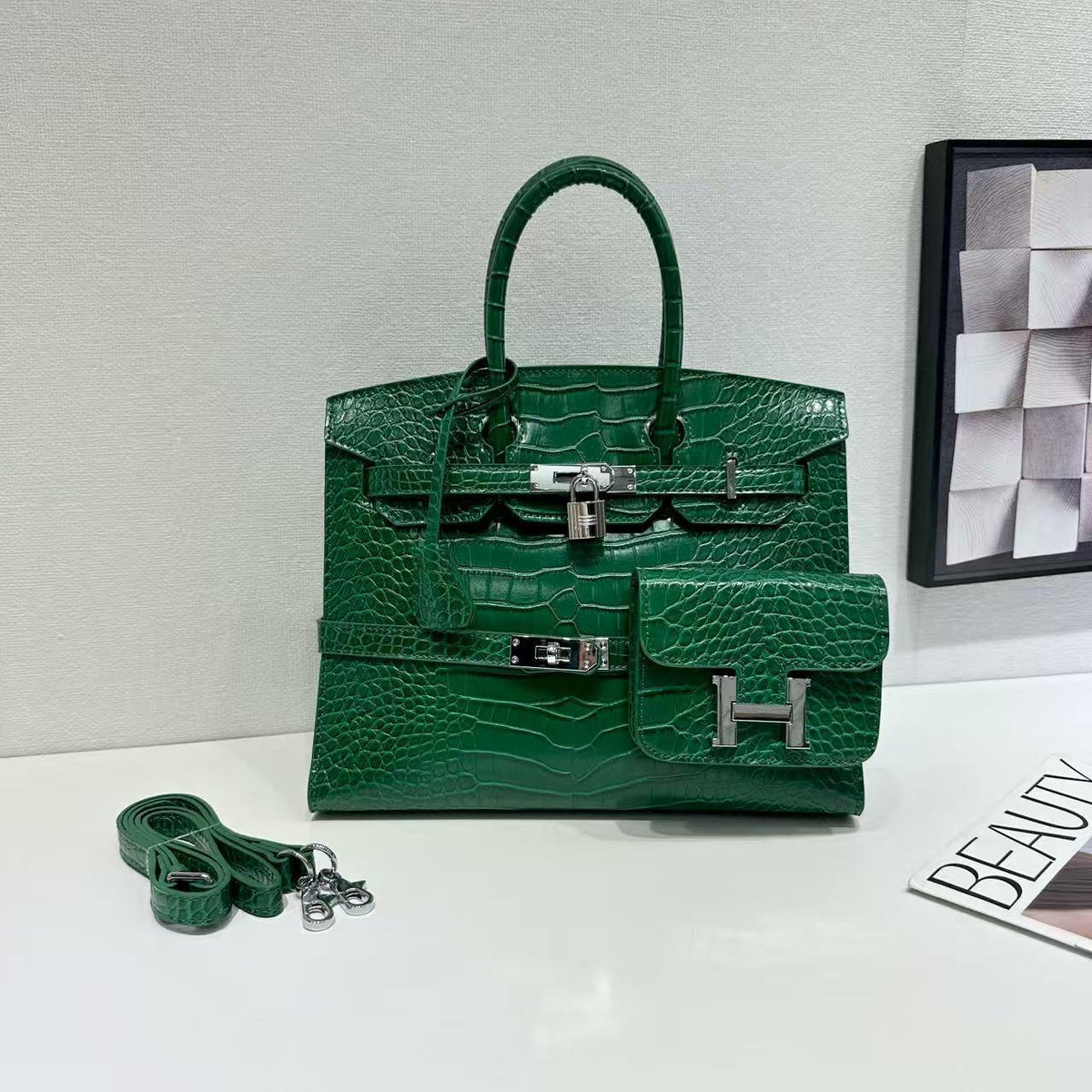 Chic Croc-Embossed Birkin-Inspired Tote Bag for Women, Premium Genuine Leather Large Capacity Top-Handle Crossbody Shoulder Handbag with Light Luxury Style, Everyday Purse