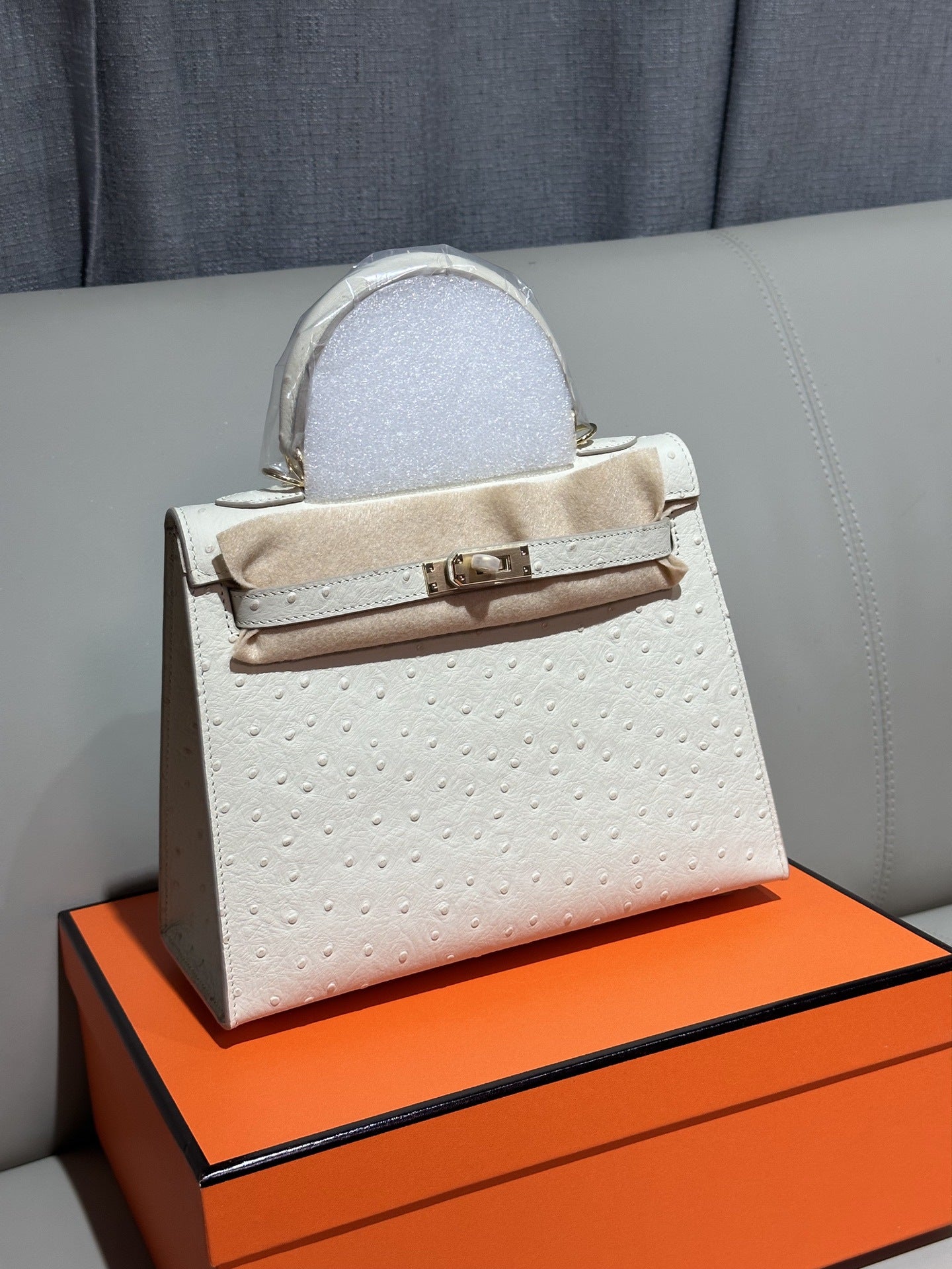 Genuine Top Layer Cowhide Ostrich-Embossed Kelly-Style 25 Bag for Women, Small Square Crossbody Top Handle Purse, Large Capacity Handbag for Ladies
