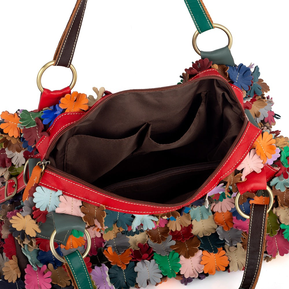 Genuine Leather Handmade Colorful Pattern Bag for Women, New Soft Large Crossbody Shoulder Purse, Trendy Everyday Handbag for Ladies