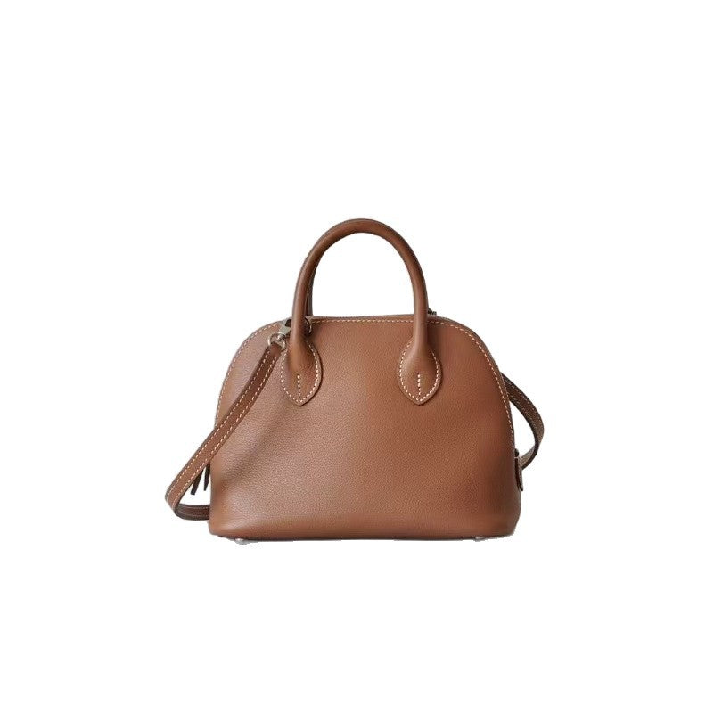 Genuine Leather Crossbody Bag for Women, Hermès-Inspired Bolide Mini Bowling Tote Bag, Top-Grain Cowhide Leather Shell-Shaped Handbag with Top Handle and Shoulder Strap, Lightweight Luxury Niche Designer Purse