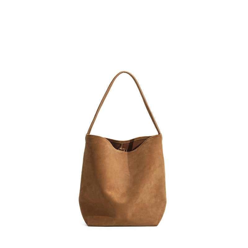 Genuine Matte Leather Bucket Bag for Women, Niche Versatile Solid Color Commute Shoulder Top Handle Purse, Premium Large Capacity Handbag for Ladies