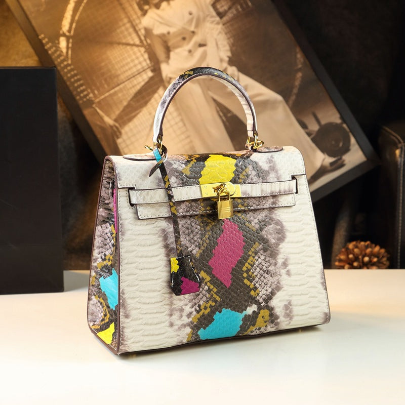 Genuine Leather Kelly Bag 2nd Generation Birkin Style Large Tote Shoulder Crossbody Handbag with Snakeskin Embossed Pattern