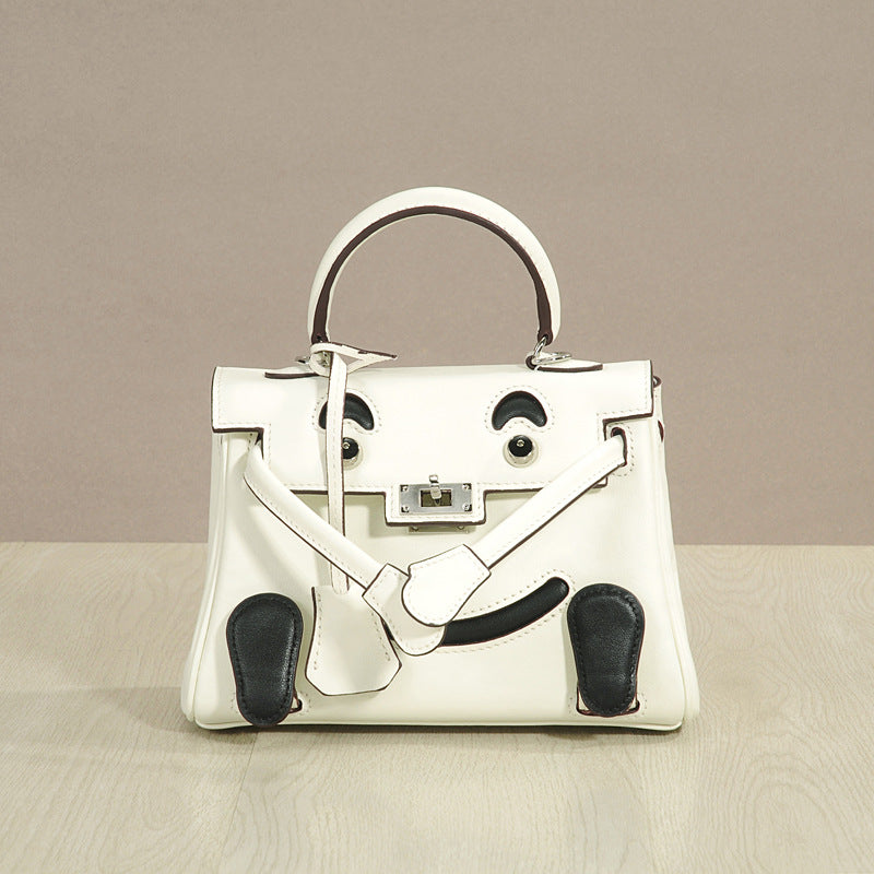Genuine Top Layer Cowhide Smiley Face Bag for Women, Cute Mini Millennium Doll Crossbody Purse, Playful Kelly-Style Handbag with Premium Quality for Ladies