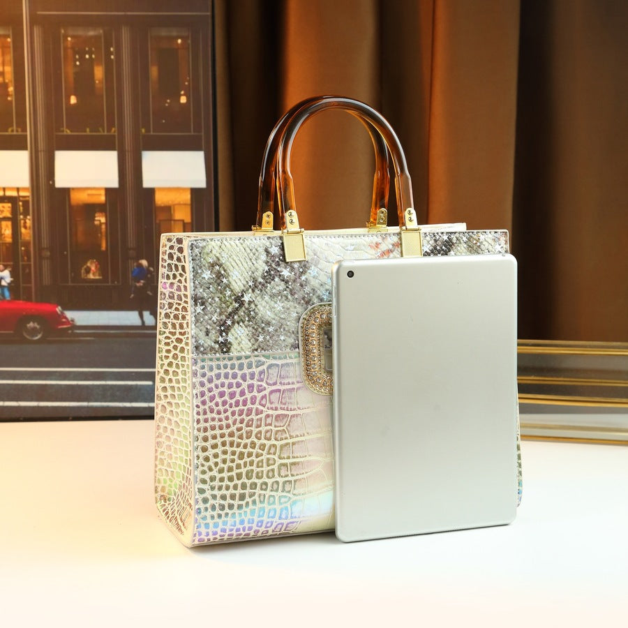 New Arrival Vintage Iridescent Croc-Effect Tote Bag for Women, A Large Capacity Top-Handle Shoulder Handbag with Magnetic Snap Design & Fashionable Retro Style