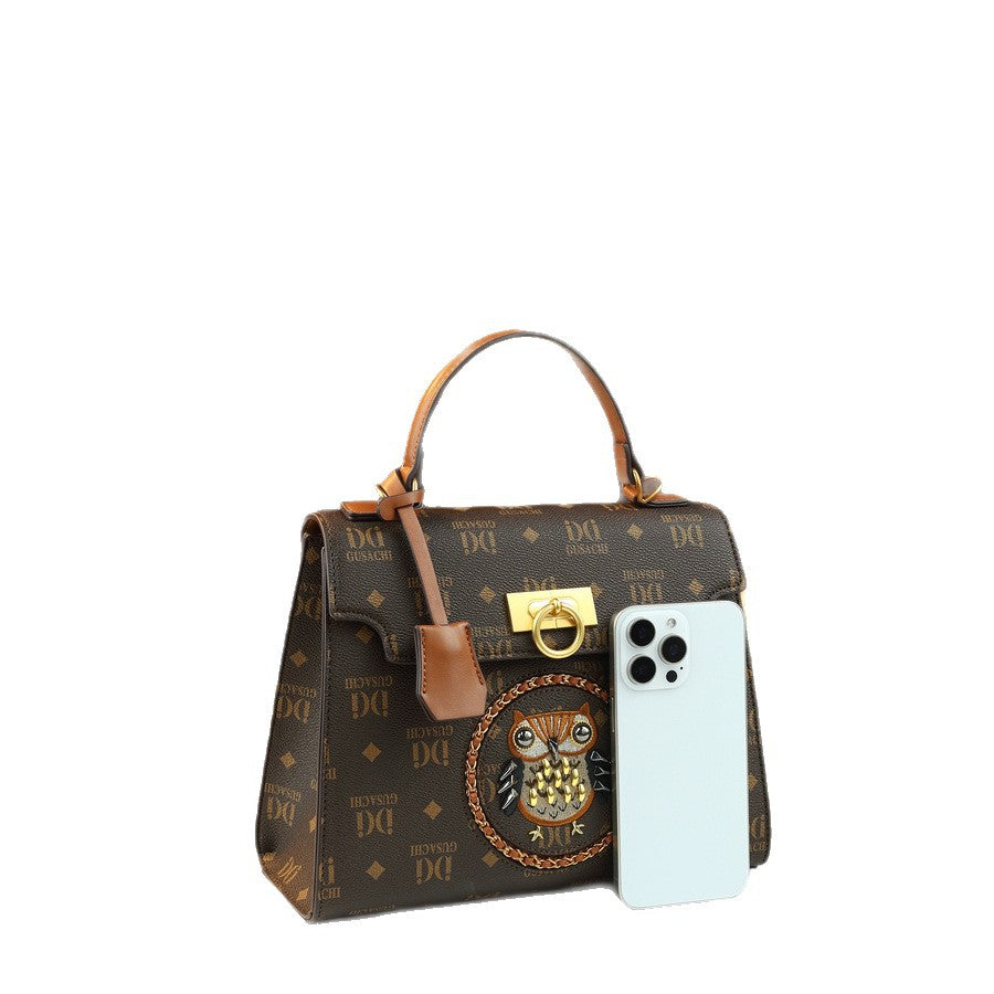 Vintage Owl Letter Print Mini Square Bag for Women Shoulder Handbag, European Fashion Versatile Purse with Unique Design