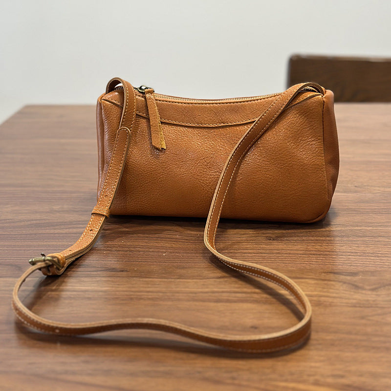 Genuine Top Layer Vegetable-Tanned Cowhide Bag for Women, New Spring Minimalist Brown Yellow Shoulder Crossbody Purse, Small Leather Handbag for Ladies