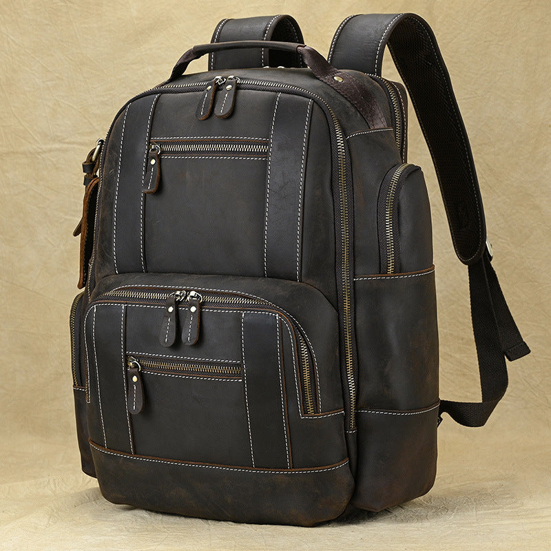 Multifunctional Crazy Horse Leather Large Capacity Backpack, Outdoor Travel School Daypack, Fits 15-Inch Laptop for Men