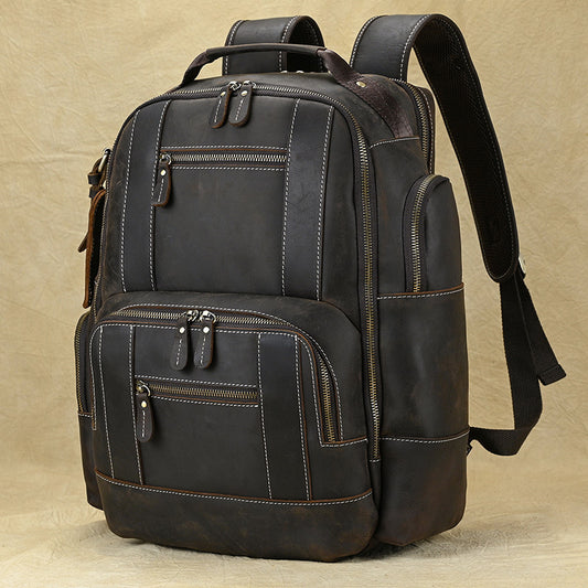 Multifunctional Crazy Horse Leather Large Capacity Backpack, Outdoor Travel School Daypack, Fits 15-Inch Laptop for Men