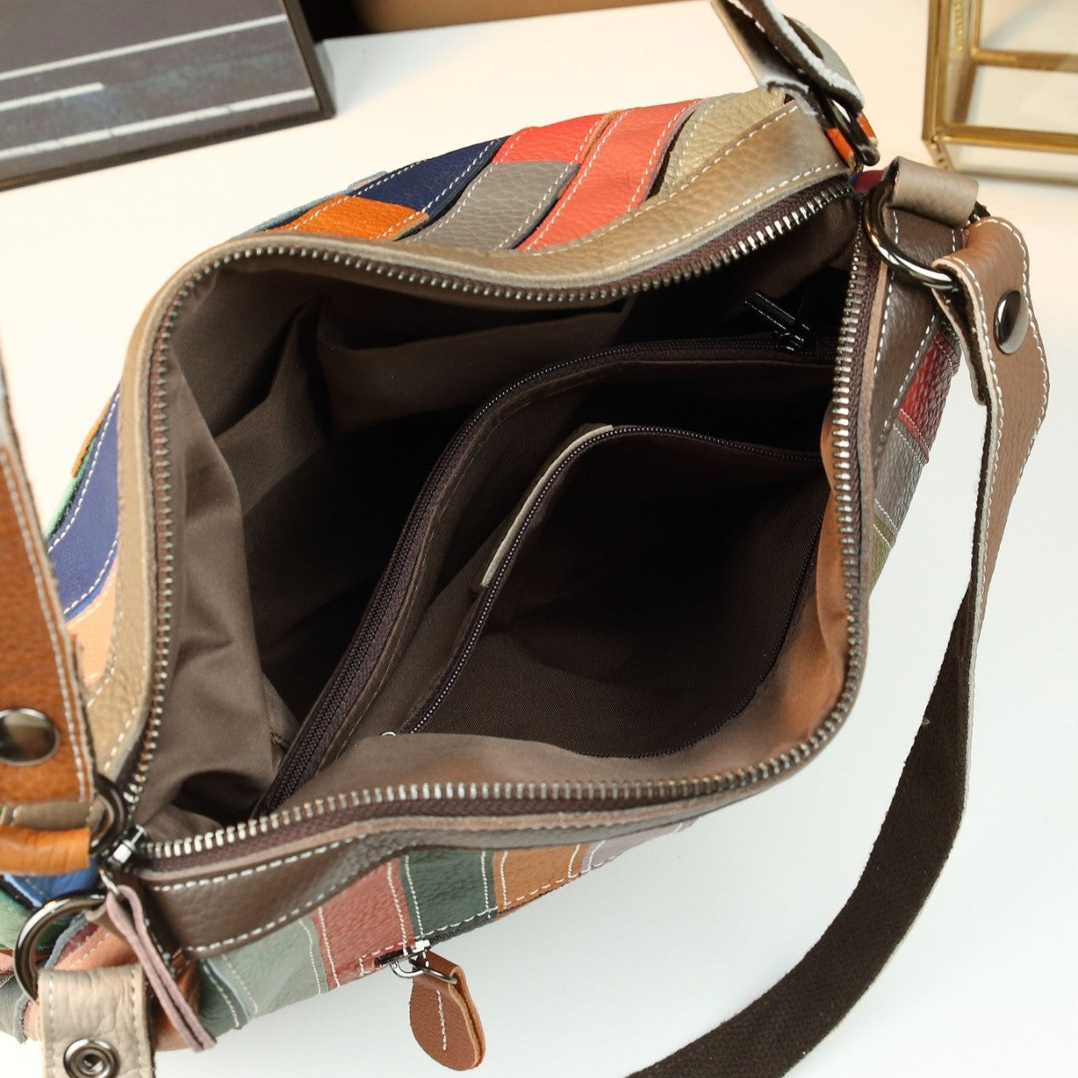 Geometric Grid Genuine Leather Patchwork Tote Bag for Women Colorful Shoulder Crossbody Handbag, Trendy Korean Style with Ethnic Boho Design