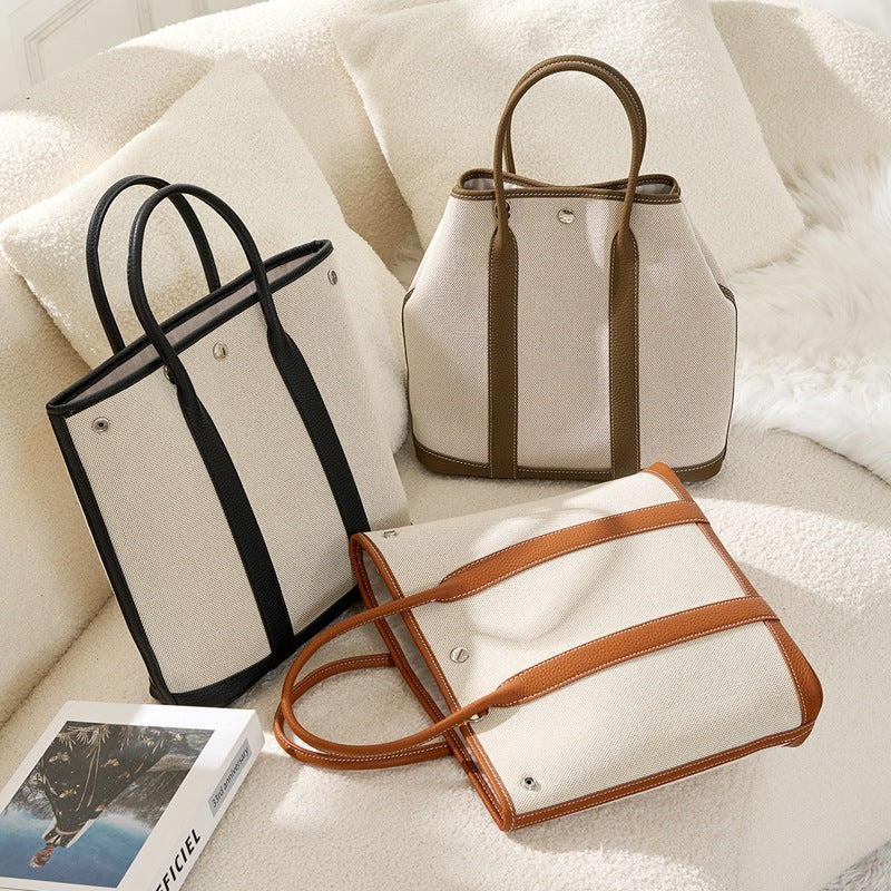 Canvas & Leather Garden Bag in Top Layer Cowhide, Premium Large Capacity Top Handle Purse, Perfect Notebook Handbag for Women