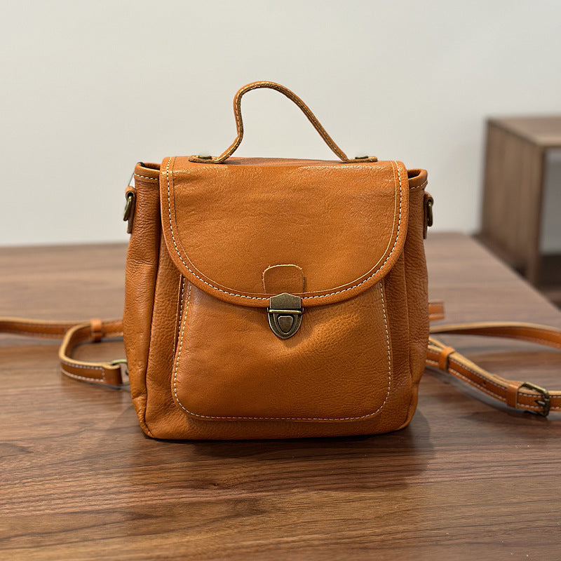 Genuine Top Layer Vegetable-Tanned Cowhide Backpack for Women, Fall Winter Small Shoulder Crossbody 2-in-1 Purse, Versatile Everyday Daypack for Ladies