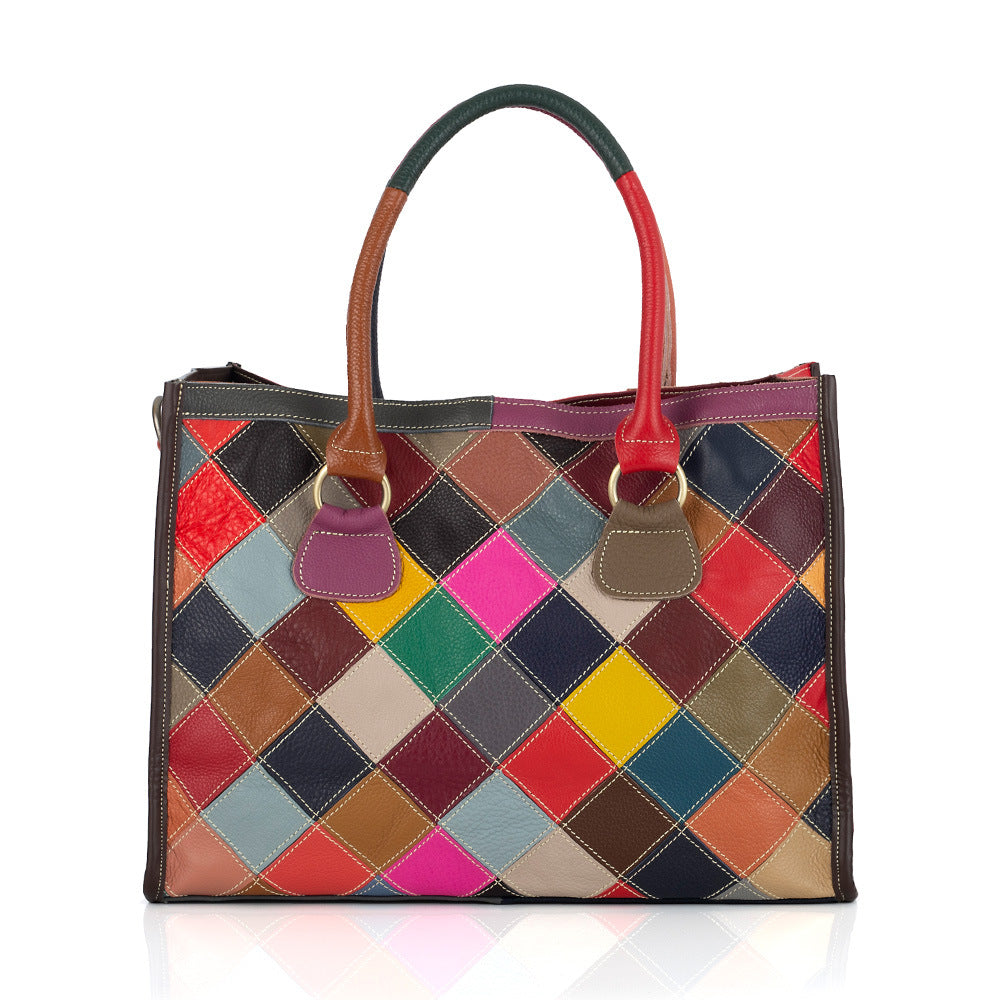 Premium Genuine Cowhide Leather Multi-Color Circular Patchwork Bag for Women | New Casual Color-Block Top-Handle Shoulder Handbag with Unique Artistic Design | Trendy Versatile Purse for Work, Errands, Travel & Everyday Chic | Statement Accessory wit