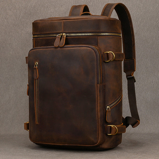 Genuine Crazy Horse Cowhide 15.6-Inch Laptop Backpack for Men, Vintage Travel School Daypack, Durable Leather Rucksack for Gentlemen