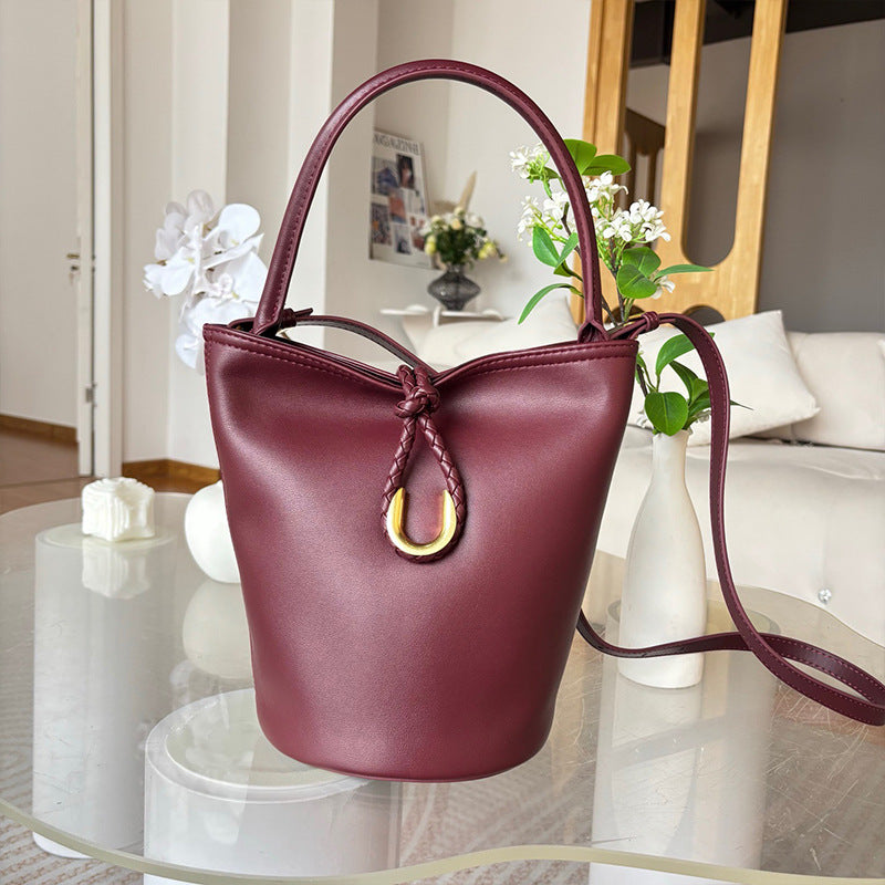 Genuine Cowhide Handwoven Bucket Bag with U-Buckle, New Vintage Shoulder Crossbody Top Handle Purse, Premium Handwoven Handbag for Ladies