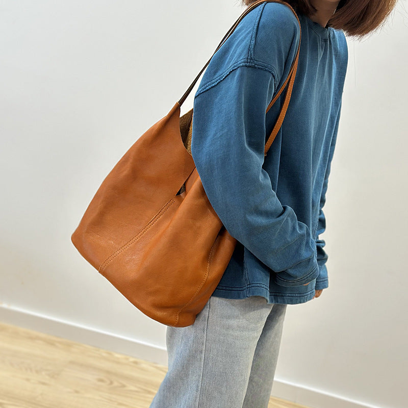 Genuine Leather Handmade Vintage Tote Bag for Women, New Minimalist Large Capacity Shoulder Top Handle Purse, Versatile Commute Handbag for Ladies