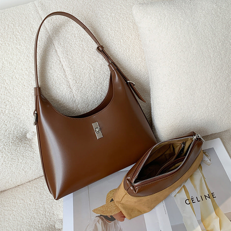 New Vintage Baguette Underarm Tote in Genuine Cowhide, Premium Shoulder Crossbody Top Handle Purse, Versatile Handbag for Women