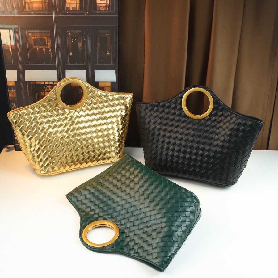 Handwoven Genuine Leather Basket Tote Bag for Women with Ring Handle, Large Capacity Shoulder Shopping Handbag with Artisan Craftsmanship