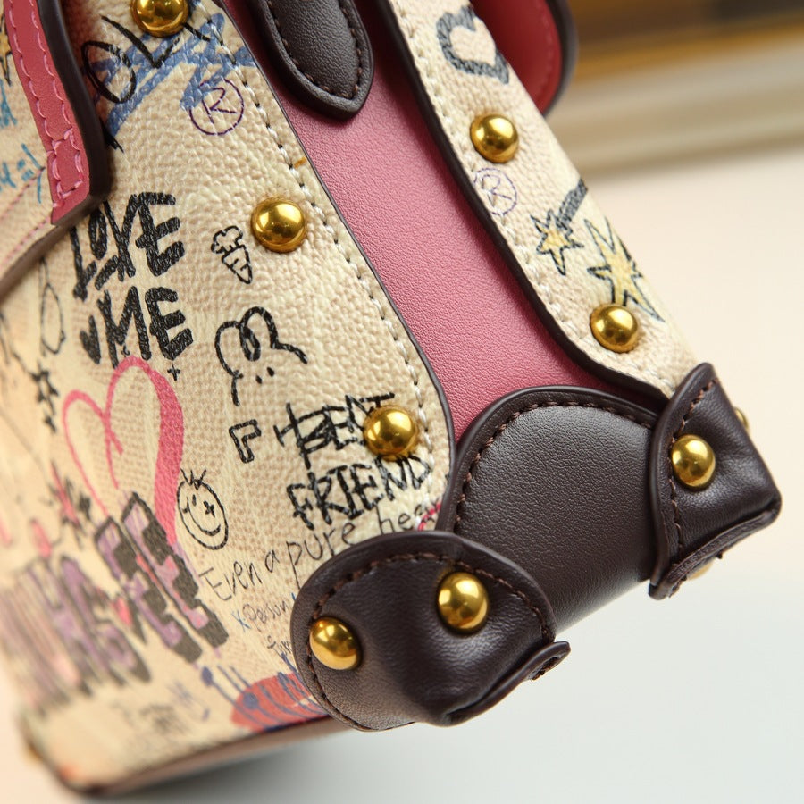 Color-Block Graffiti Bear Tote Bag for Women Light Luxury Shoulder Crossbody Handbag, Playful Art Purse with Versatile Spring Summer Style