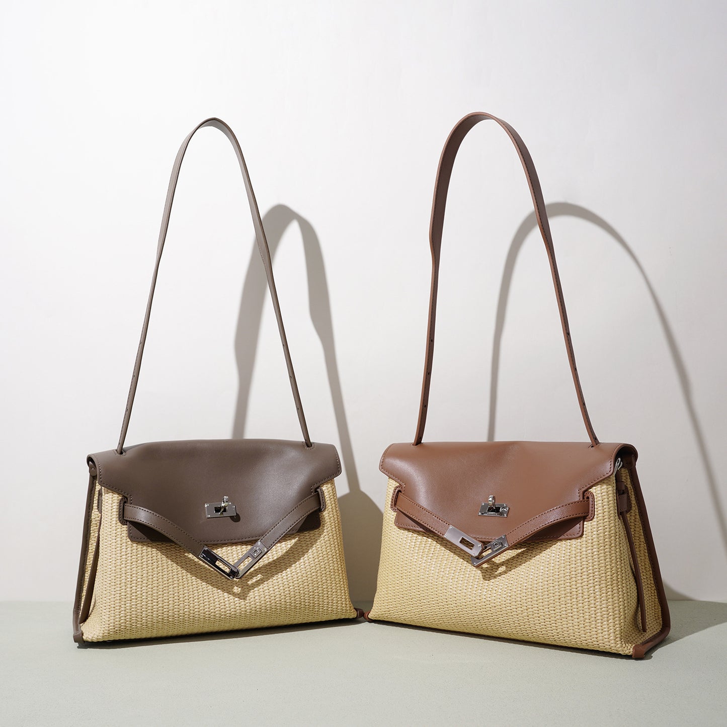 Straw Woven Kelly-Style Briefcase in Genuine Leather, Minimalist Large Capacity Shoulder Crossbody Bag, Versatile Commute Purse for Women