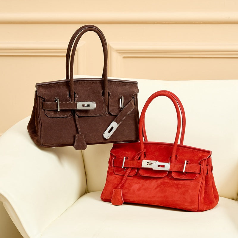 Chic Suede Horizontal Birkin-Inspired Tote Bag for Women, Large Capacity Genuine Leather Handbag with Unique Premium Design, Versatile Everyday Purse