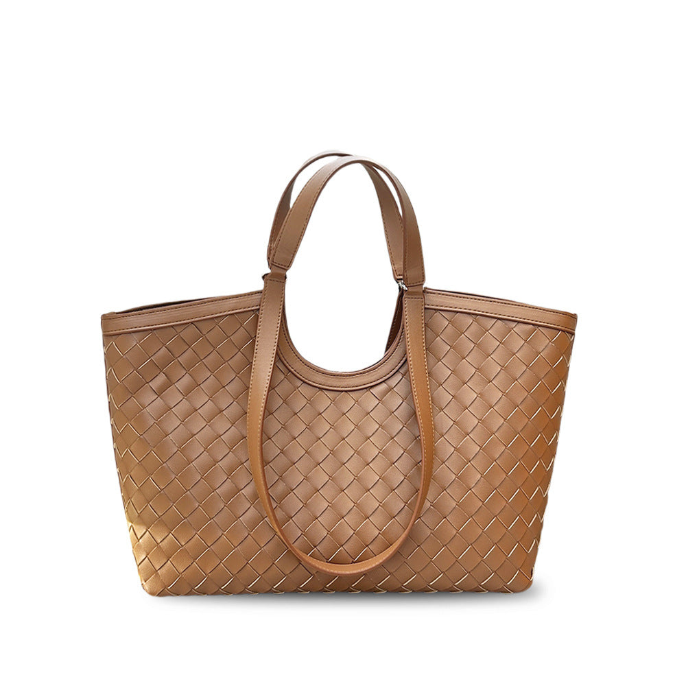 Niche Vintage Leather Woven Basket Tote, Large Shoulder & Underarm Bag for Women