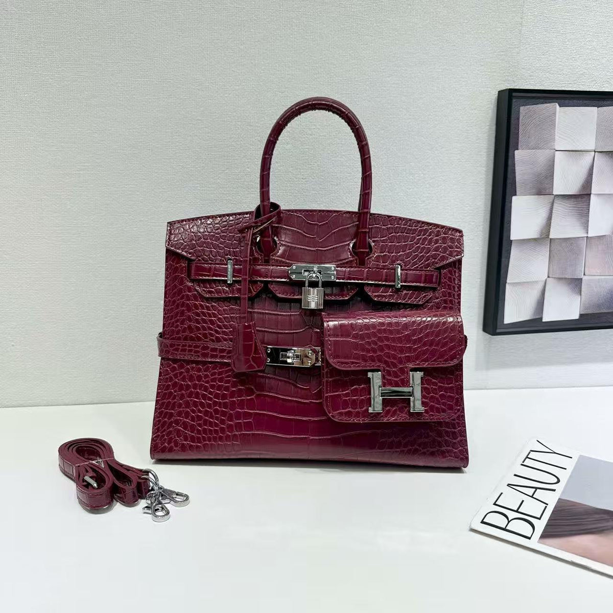 Chic Croc-Embossed Birkin-Inspired Tote Bag for Women, Premium Genuine Leather Large Capacity Top-Handle Crossbody Shoulder Handbag with Light Luxury Style, Everyday Purse