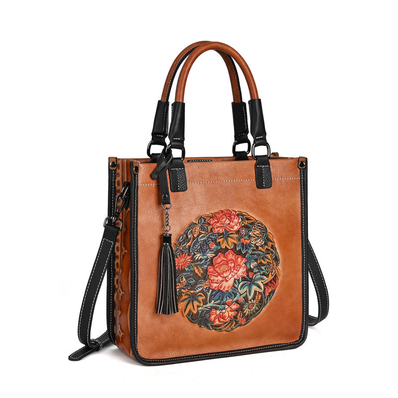 Genuine Top Layer Cowhide Chinese Classical Handbag for Women, Vintage Retro Small Square Crossbody Shoulder Top Handle Purse, Trendy Oriental Style Bag for Ladies