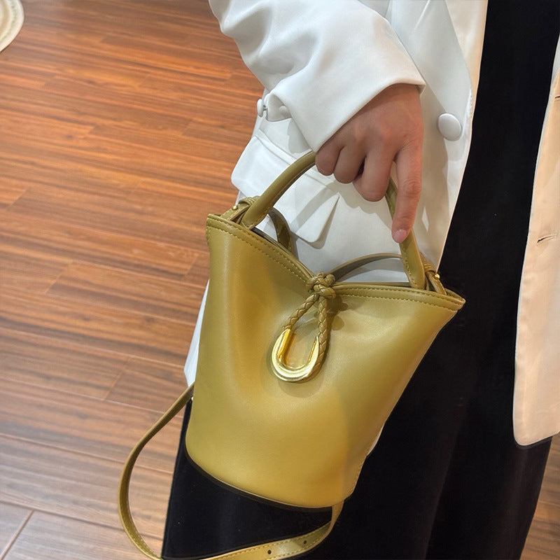 Genuine Cowhide Handwoven Bucket Bag with U-Buckle, New Vintage Shoulder Crossbody Top Handle Purse, Premium Handwoven Handbag for Ladies