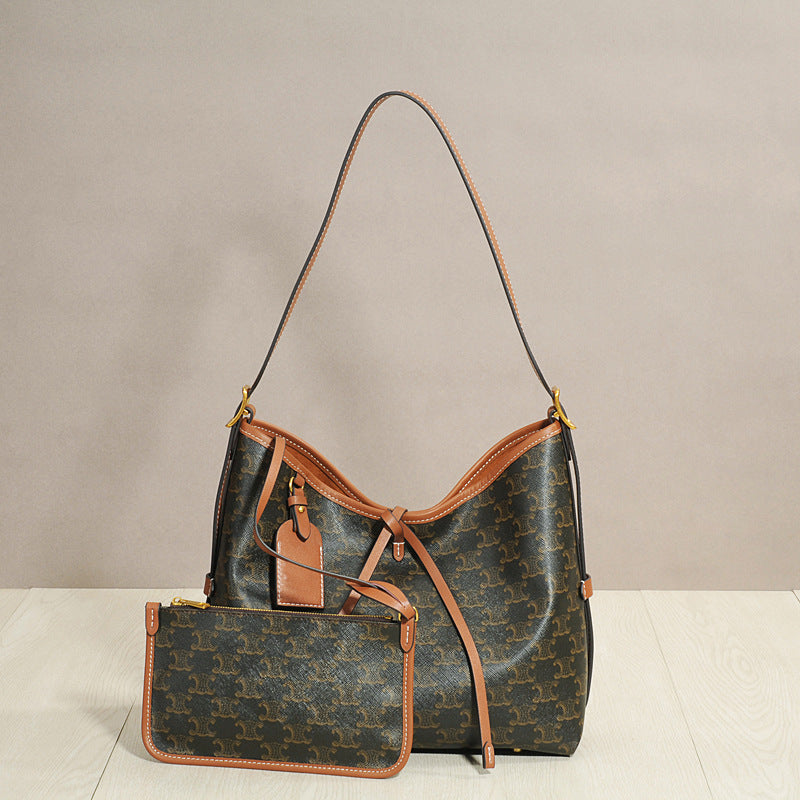 Genuine Leather Vintage Monogram Print Arch Style Tote Bag for Women Large Capacity Shoulder Underarm Shopper Work Commuter