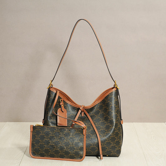 Genuine Leather Vintage Monogram Print Arch Style Tote Bag for Women Large Capacity Shoulder Underarm Shopper Work Commuter