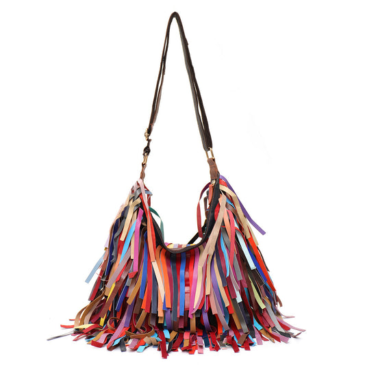 Genuine Sheepskin Leather Tassel Fringe Handbag for Women, New Arrival Large Capacity Candy Color Crossbody Shoulder Beach Bag, Light Luxury Travel Purse for Ladies