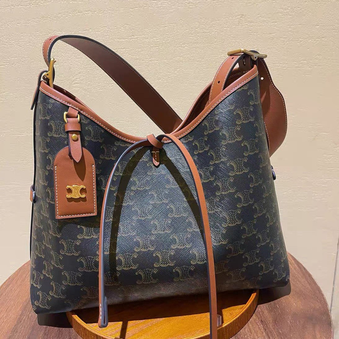 Genuine Leather Vintage Monogram Print Arch Style Tote Bag for Women Large Capacity Shoulder Underarm Shopper Work Commuter