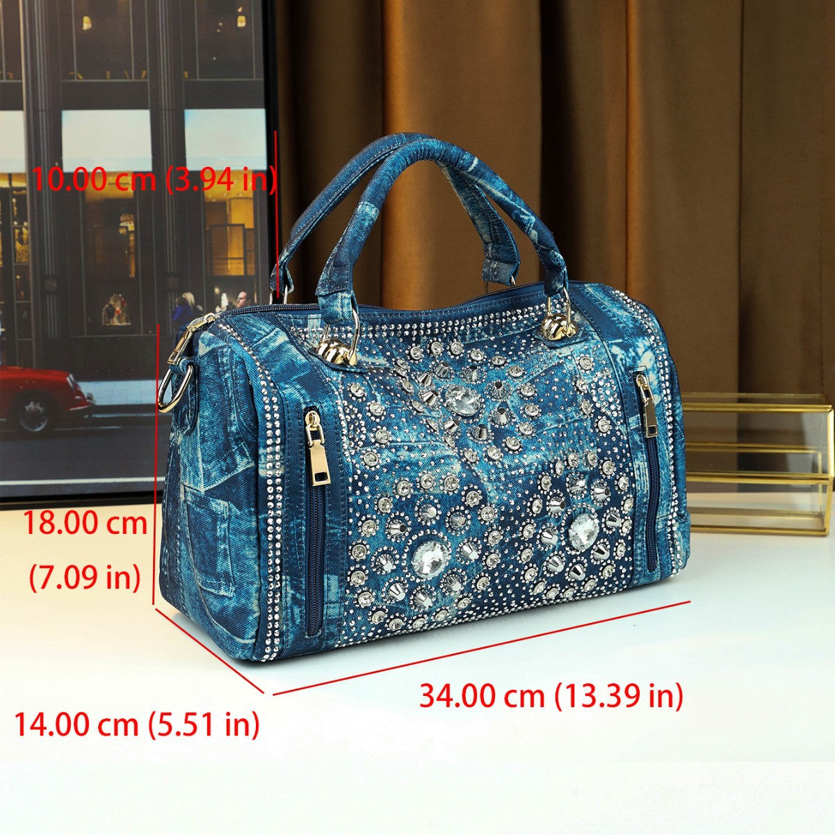 Stud Rhinestone Denim Tote Bag for Women Shoulder Crossbody Handbag, Trendy Casual Purse with Sparkly Hardware Accents