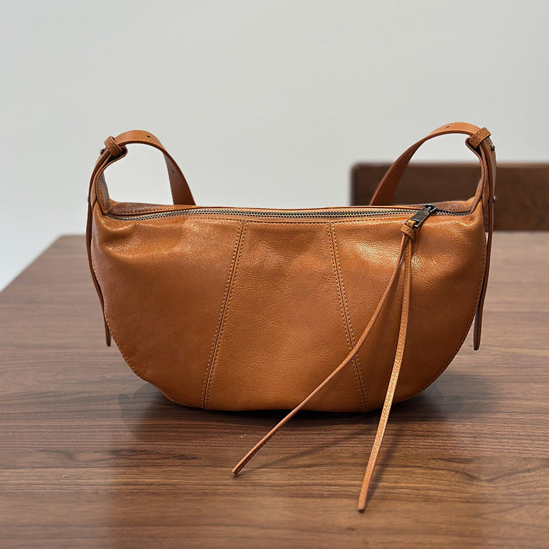 Genuine Top Layer Cowhide Saddle Bag for Women, New Casual Crescent Crossbody Shoulder Purse, Premium Leather Handbag for Ladies