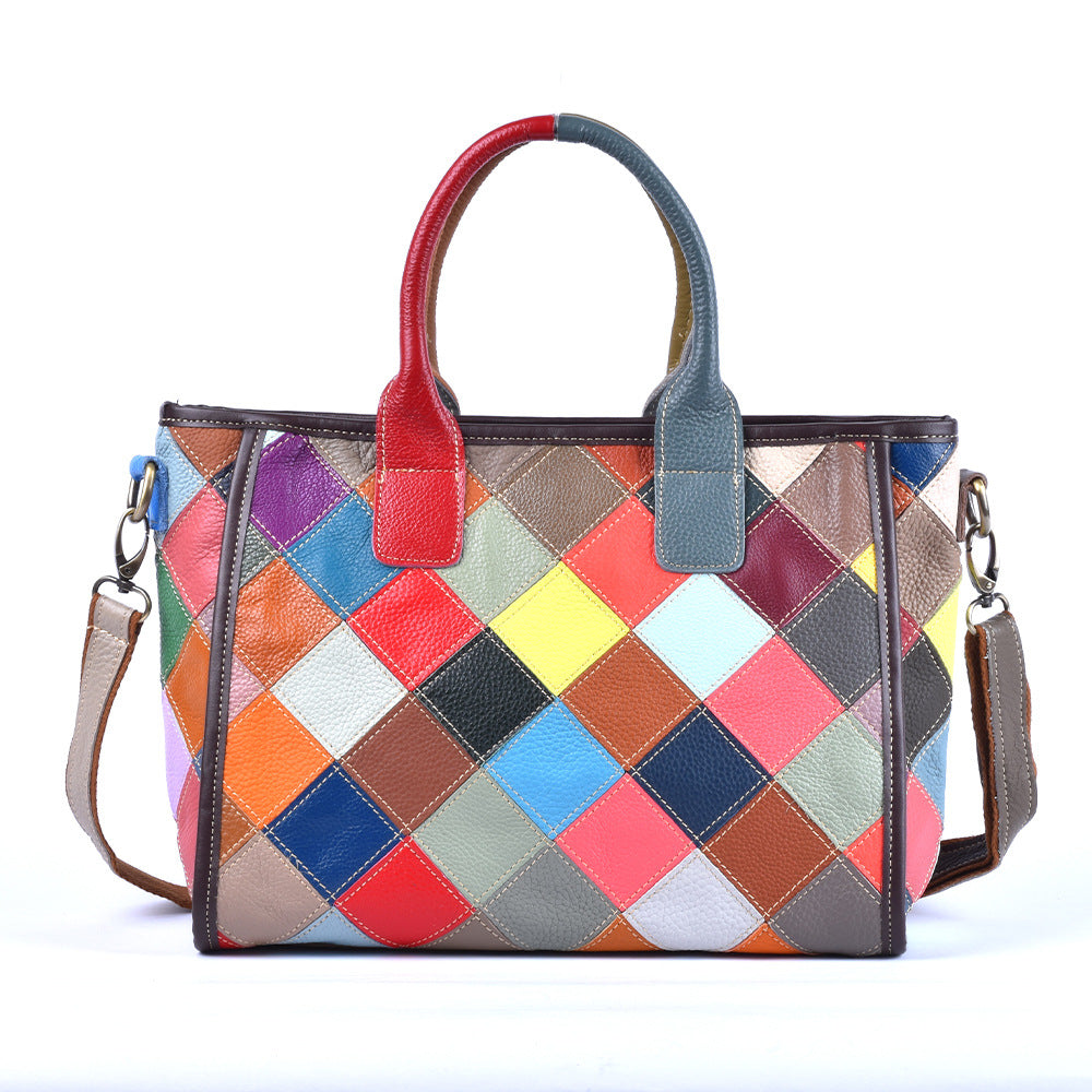 Genuine Cowhide Plaid Color Block Patchwork Handbag for Women, Handmade Top Handle Shoulder Crossbody Purse, Designer Leather Bag for Ladies