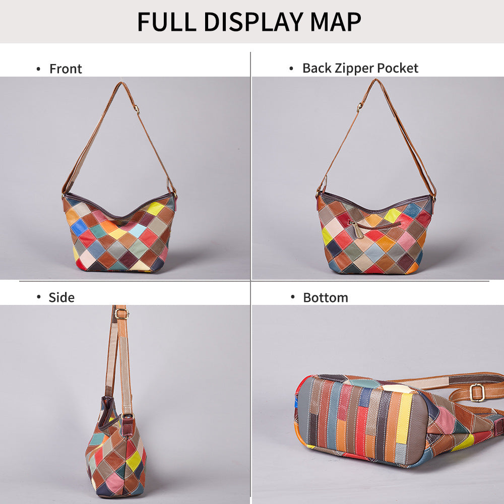 Premium Handcrafted Plaid Pattern Cowhide Leather Bag for Women | Large-Capacity Cross-Body Shoulder Handbag with Random Color-Block Artistic Design | Trendy Everyday Purse for Work, Errands & Travel | Unique Statement Accessory with Vibrant Plaid &