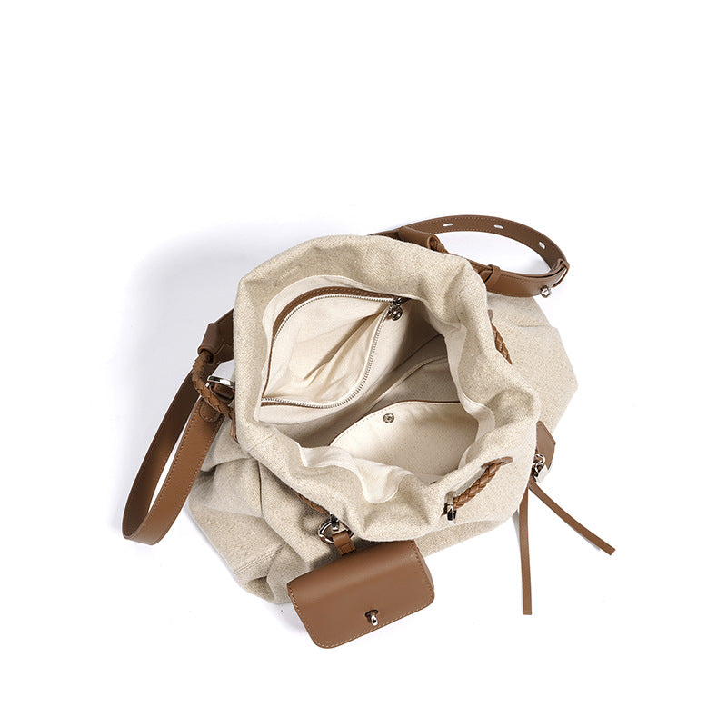 New Linen & Leather Drawstring Cloud Bag, Minimalist Casual Shoulder Crossbody Purse, Premium Versatile Handbag for Women