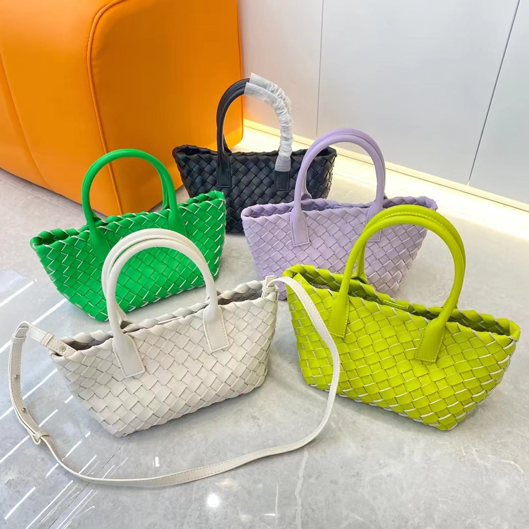 New Handmade Woven Cowhide Tote Bag for Women, Genuine Leather Shoulder Crossbody Handbag with Top Handle, Stylish Underarm Purse
