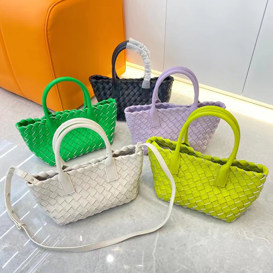 New Handmade Woven Cowhide Tote Bag for Women, Genuine Leather Shoulder Crossbody Handbag with Top Handle, Stylish Underarm Purse