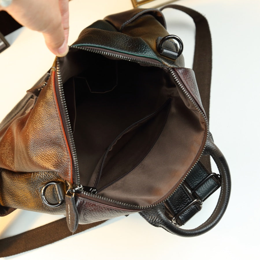 Color-Block Cowhide Backpack for Women Lightweight Travel Shoulder Handbag with Large Capacity and Versatile Casual Design